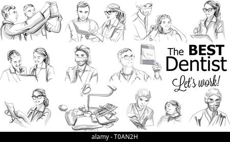 Dentist doctors storyboard Vector. Medical team concept set. Hospital medical staff team doctors nurses surgeon vector sketch illustration Stock Vector