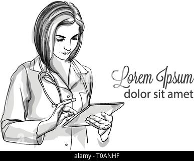 Woman doctor writing notes Vector sketch storyboard. Detailed character illustration Stock Vector