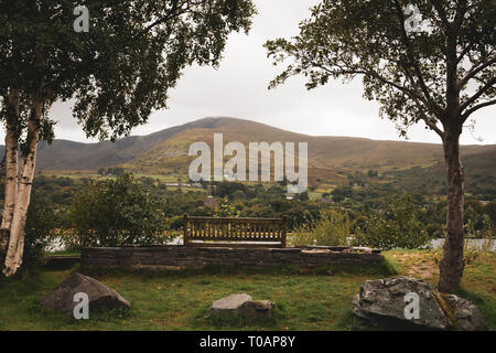 Quiet bench looking towards Snowdon, Wales, UK Stock Photo