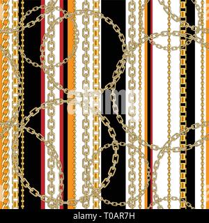 Abctract seamless pattern with gold chain on white background for fabric. Trendy repeating print. Stock Vector