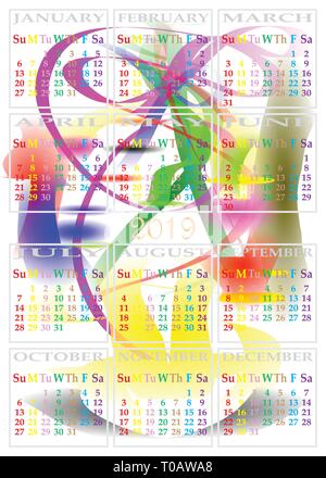 CALENDAR 2019 ON MORNING DREAM BACKGROUND ORIGINAL GRAPHIC DESIGN BY ADRIAN BUD FROM SIBIU, ROMANIA Stock Vector