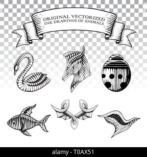 Vector Illustration of Scratchboard Style Ink Drawings of Animals Stock Vector