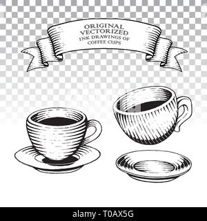 Vector Illustration of Scratchboard Style Ink Drawings of Coffee Cups Stock Vector