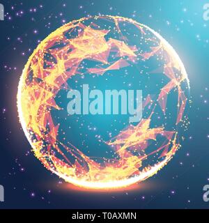 Abstract 3d Illuminated distorted Mesh Sphere . Neon Sign . Futuristic Technology HUD Element . Elegant  Destroyed  . Big data visualization . Stock Vector