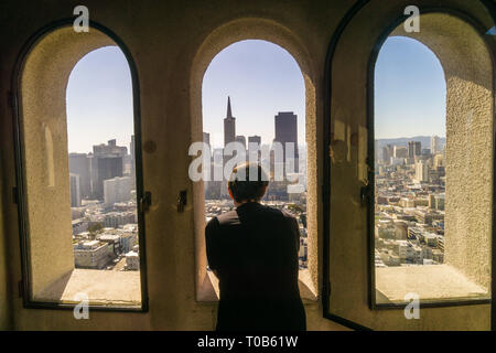 Looking at the view over San Francisco from the Coit Tower, Telegraph Hill Stock Photo