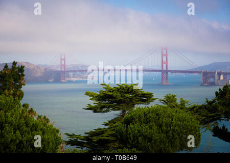The Golden Gate bridge in San Francisco photographed across the bay to the South West in mist Stock Photo