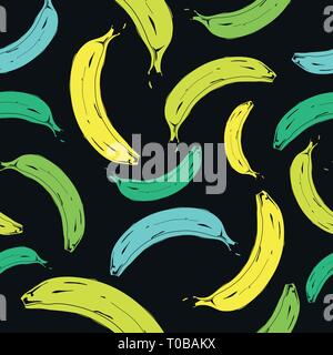Seamless pop art banana color green and yellow pattern randomly distributed on black background. Vector Illustration. Stock Vector