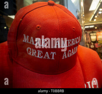 A cap with 'Make America Great Again' (MAGA) emblazoned on it in the window of a souvenir shop in New York on Sunday, March 10, 2019.  (Â© Richard B. Levine) Stock Photo