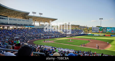Managua, Nicaragua- march 18, 2019: Baseball game in Nicaragua and Puerto Rico teams in Central america stadium Stock Photo