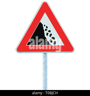 Falling rocks risk caution road sign on pole post, large detailed isolated vertical roadside stones traffic warning signage macro closeup, rock slide Stock Photo
