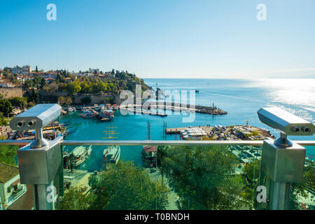 Binoculars at the observation deck of Tophane Park viewpoint in Antalya, Turkey. Horizontal Stock Photo