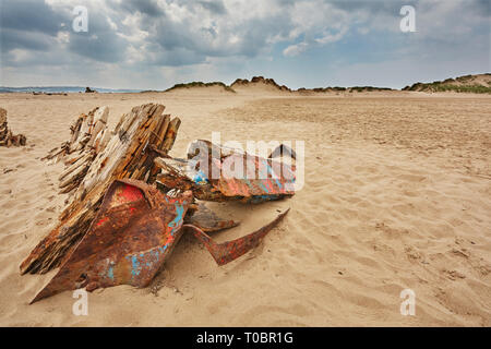 A wreck at Crow Point, in the estuary of the River Taw, near Braunton, north Devon, Great Britain. Stock Photo