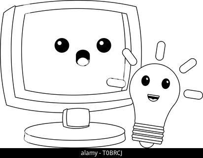 Computer and bulb light idea kawaii cartoon in black and white Stock Vector