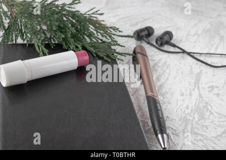 Green twig on a black notebook next to a pen, lipstick and headphones on a white background. There is a place for your text. Stock Photo