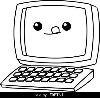desk computer with keyboard kawaii cartoon in black and white Stock Vector