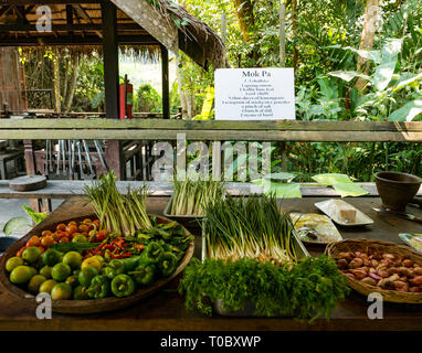 Fresh ingredients and recipe for Mok Pa steamed fish SE Asian Lao cooking, Tamarind cookery school, Luang Prabang, Laos Stock Photo