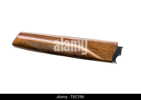 Wooden forearm of hunting rifle with vertical arrangement of smooth trunks. isolated on white background Stock Photo