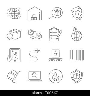 Parcel delivery service and logistics icon set. Fast delivery and quality service transportation. Shipping vector icons for logistic company. Editable Stock Vector