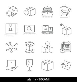 Parcel delivery service icon set. Fast delivery and quality service transportation. Shipping vector icons for logistic company. Editable Stroke Stock Vector