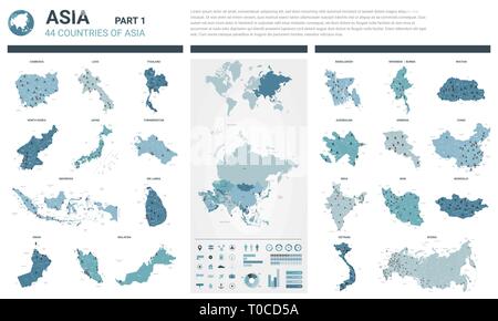 Vector maps set.  High detailed 44 maps of Asian countries with administrative division and cities. Political map, map of Asia continent, world map, g Stock Vector