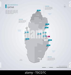 Qatar vector map with infographic elements, pointer marks. Editable template with regions, cities and capital Doha. Stock Vector