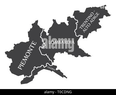 Piemonte - Liguria - Lombardia - Trentino - Alto Adige region map Italy Stock Vector