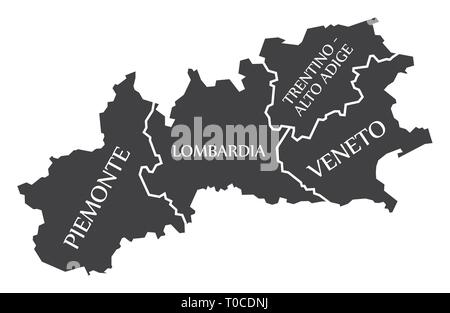 Piemonte - Lombardia - Trentino - Alto Adige - Veneto region map Italy Stock Vector