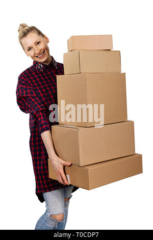 woman carrying stack of cardboard boxes isolated on white background Stock Photo