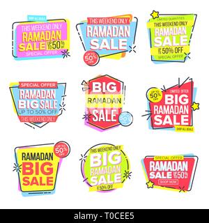 Ramadan Sale Banner Set Vector. Eid Background. Offer Tag. Big Super Sale. Islamic Poster. Arabic Template. Ramazan Arabian Holiday Shopping. Discount Stock Vector