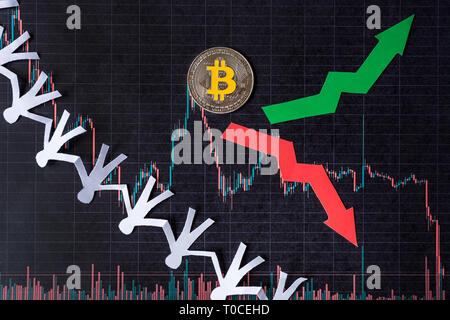 fluctuations and forecasting of exchange rates of virtual money bitcoin. Red and green arrows with golden Bitcoin ladder on black paper forex chart ba Stock Photo