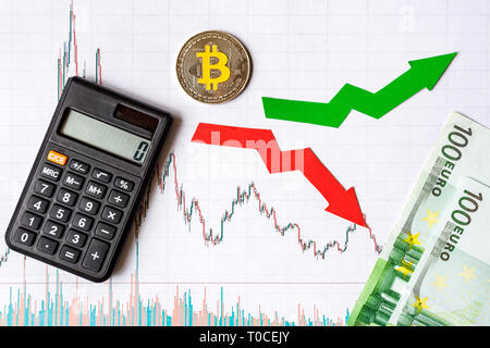 fluctuations  and forecasting of exchange rates of virtual money. Red and green arrows with golden Bitcoin ladder on white paper forex chart backgroun Stock Photo