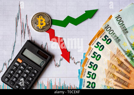 fluctuations  and forecasting of exchange rates of virtual money. Red and green arrows with golden Bitcoin ladder on white paper forex chart backgroun Stock Photo