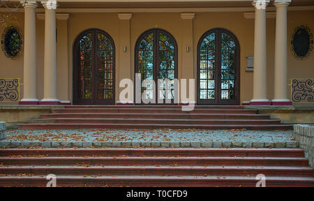 Outside view on entrance into villa with doors and stairs Stock Photo