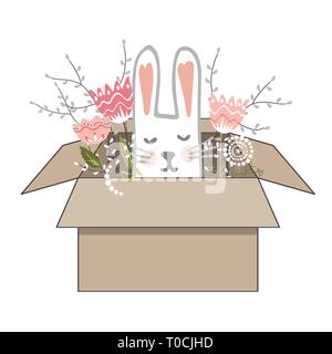 Hand drawn vector illustration of cute romantic bunny girl with flower in the cardboard box. Print can be used for kids or baby shirts, Easter design. Stock Vector