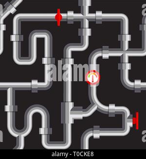 Pipes seamless pattern. Boiler room texture. Plumbing vector illustration. Pipelines repeatable on black background. Stock Vector