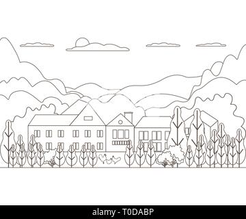 Thin line outline landscape rural farm. Panorama design village modern with mountain, hill, tree, sky, cloud and sun. Line art stile abstract backroun Stock Vector