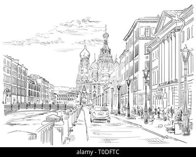 Cityscape of Church of the Savior on Blood in Saint Petersburg, Russia and embankment of river. Isolated vector hand drawing illustration in black col Stock Vector