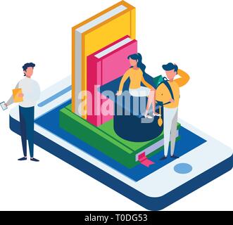 pile text books with smartphone and mini people vector illustration design Stock Vector