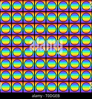 Geometric seamless pattern with multicolored gradient squares and circles, rainbow color abstract ornament, prism graphic texture. Decorative geometry Stock Vector