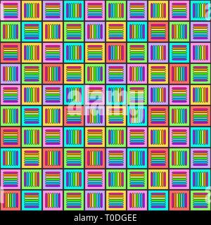 Geometric seamless pattern with multicolored cross lines in squares, rainbow colors braided ornament, prism graphic texture. Decorative strokes backgr Stock Vector