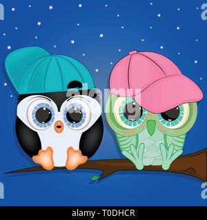 little penguin and owl cartoon vector illustration Stock Vector