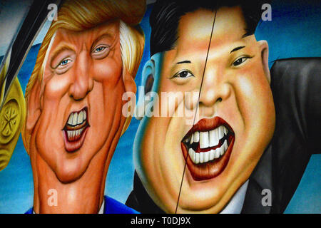 Switzerland: Basel Carnival, registered as a UNESCO Intangible Cultural Heritage of Humanity. Painting on a float representing Donald Trump and Kim Jo Stock Photo