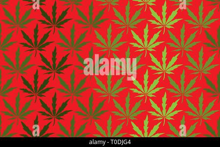 Cannabis leaves seamless pattern on red background. Vector Stock Vector