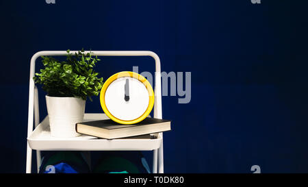 Alarm clock and flower pot on blue background with copy space. Time clock on shelf with green plants at 12 o'clock. Stock Photo