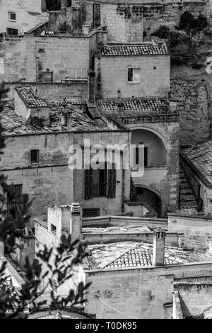 Amazing close-up black and white view of ancient town of Matera, the Sassi di Matera, Basilicata, Southern Italy, architectural details and buildings  Stock Photo