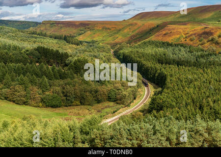 Near Levisham, North Yorkshire, England, UK: September 13, 2018: A train of the historic North Yorkshire Moors Railway passing Newtondale, seen from S Stock Photo