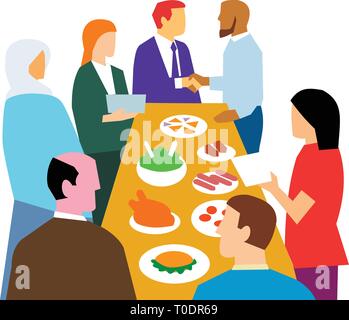 Retro style illustration showing the concept of diversity in workplace with diverse cultures in an office party celebration on isolated white backgrou Stock Vector