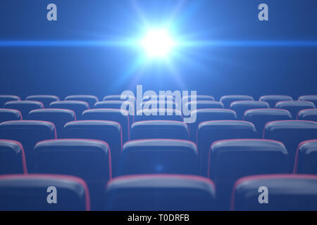 Concept cinema, shining blue color in movie theater. Rows of chairs with empty seats. 3d illustration Stock Photo