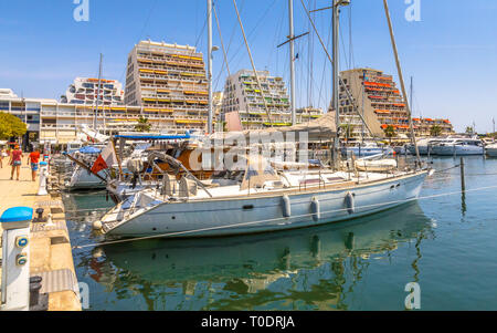 Resorts at the marina with yachts in city of La Grande Motte on Cote D'Azur, Languedoc region, Southern France Stock Photo