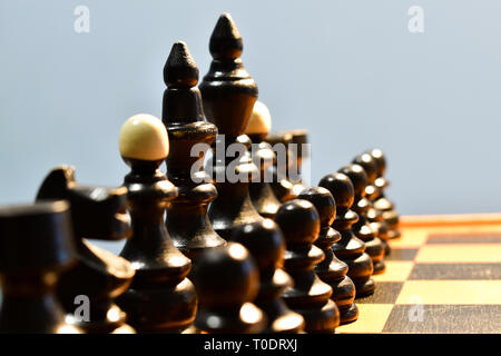 Chessboard with chess black pieces, queen in focus, king and queen, bishop, knight, rook, pawn Stock Photo